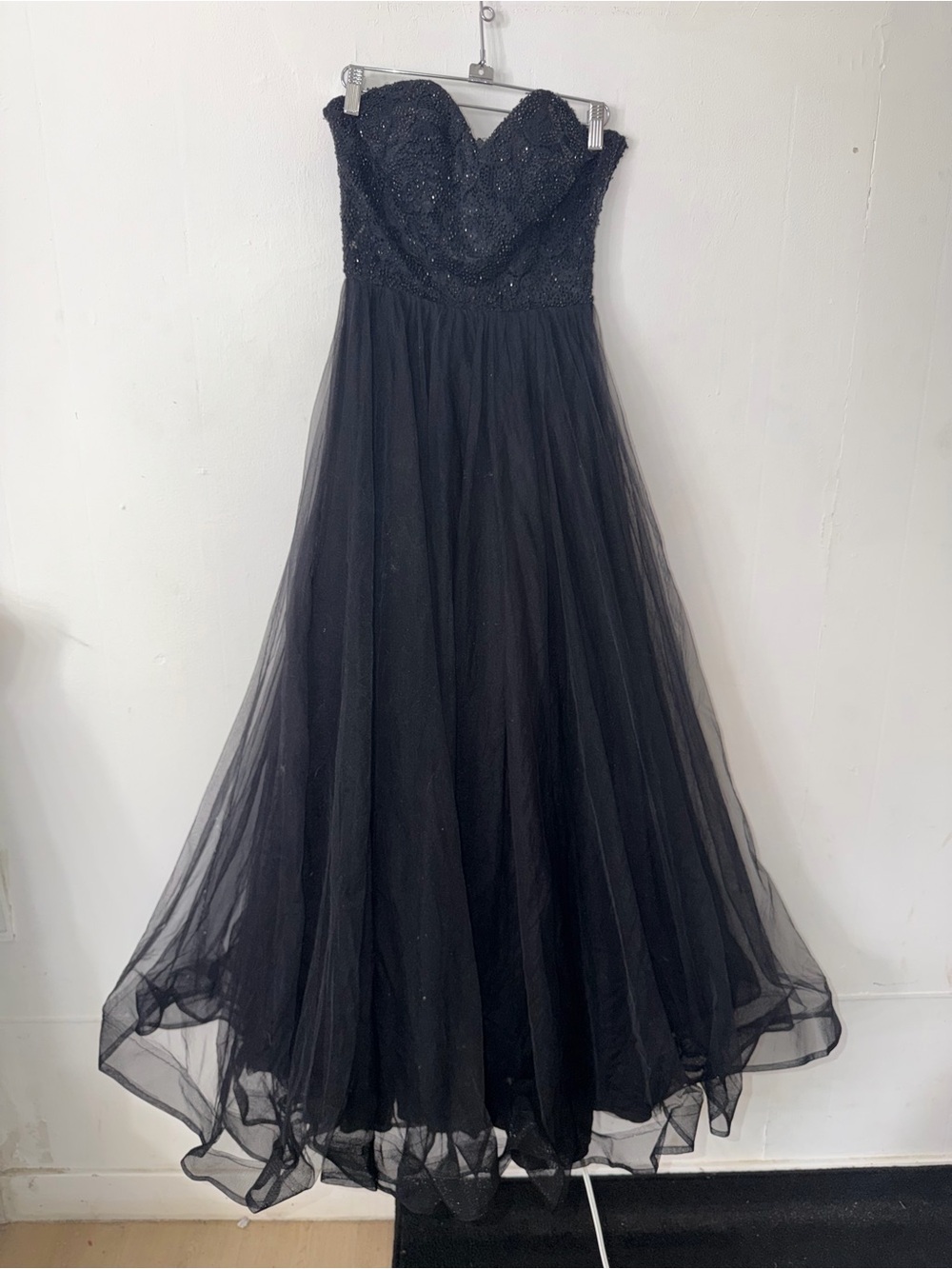 La Femme Strapless Black Beaded Sweetheart Ball Gown
